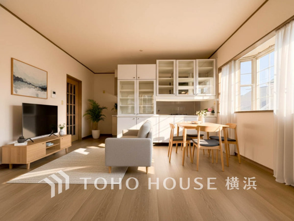 家族と過ごすひと時を溢れる光が優しく包み込むリビングダイニング。家族とともに、心穏やかに過ごすひととき。家族との時間、自分の時間を大切にできる空間がここにあります。（家具はAI加工です）