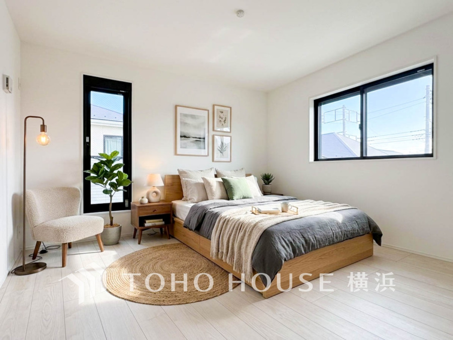 ナチュラルカラーで統一された明るい洋室。大きな窓から光が差し込み、心地よい安らぎの空間を演出します。（装飾品はAI加工です）