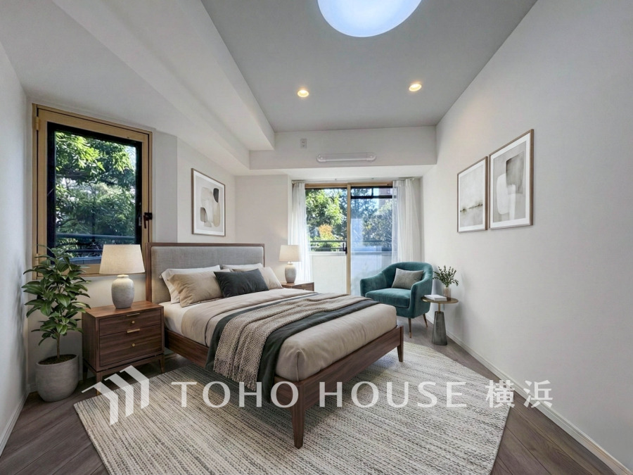 1日の疲れを癒し、心地よく寛げるようゆったりとした広さを確保しています。プライベートタイムをより優雅に穏やかに…。落ち着いた雰囲気を紡ぎます。（家具はAI加工です）