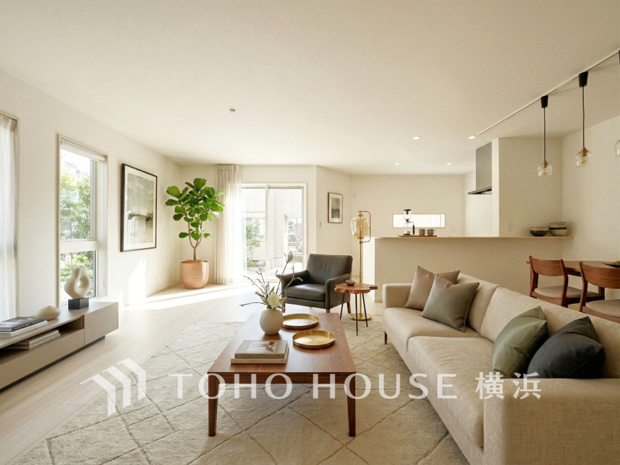 光と風が溢れる開放的なリビングダイニングには自然と家族みんなが集まってきます。明るく穏やかな空気の中で飲んだり、食べたり、笑ったり。（家具・装飾品はAI加工です）