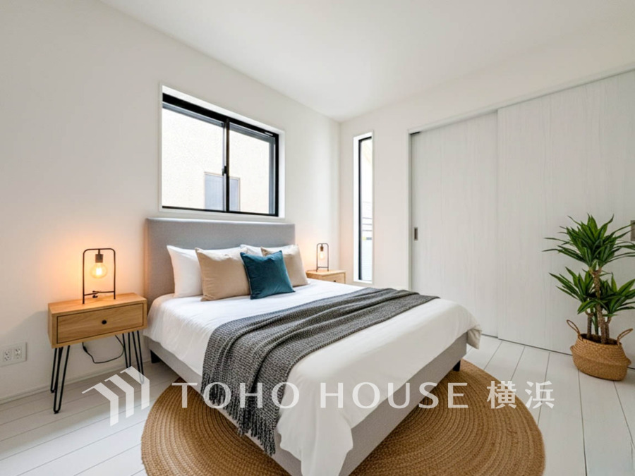 家族一人ひとりの大切なプライベート空間。趣味・感性で個性的に飾って頂けるようシンプルに仕上げてあります。自分時間を充実させながら心豊かなひとときを過ごすための大切な空間。（家具はAI加工です）