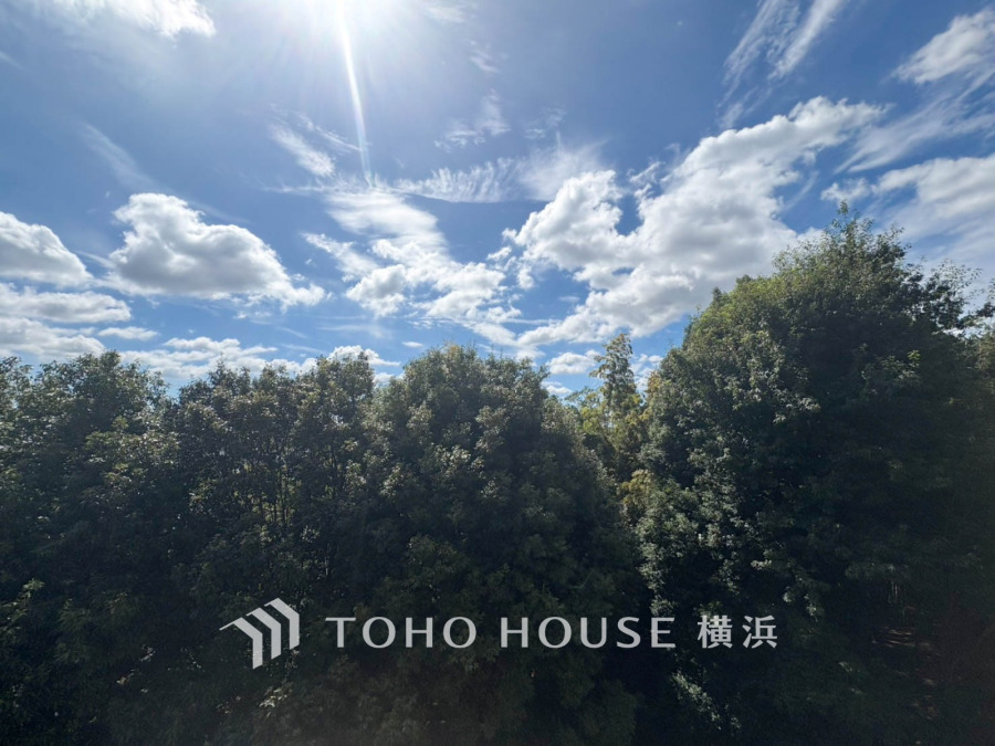 豊かな緑に囲まれた静かな環境。晴天の空が広がり、自然の安らぎを感じられる住まいの一角です。