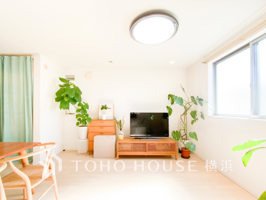 明るい光が差し込むシンプルでナチュラルなリビング。観葉植物が彩りを添え、心地よい空間を演出します。