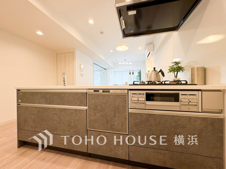 新規交換された清潔感溢れるシステムキッチン。スタイリッシュな対面式キッチンです。