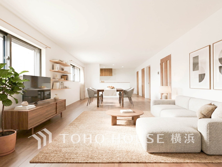 大切な家族やお客様と刻む時を、より上質に。何気ない日常さえも特別に変える、心地よい空間を目指して。※生成AIによるイメージです。家具・小物は販売価格に含まれません。