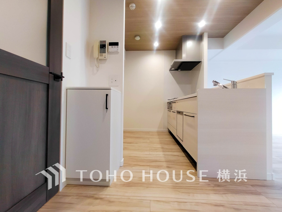 木目調天井と間接照明が温かみを演出する、機能的で開放感のあるシステムキッチン空間です。