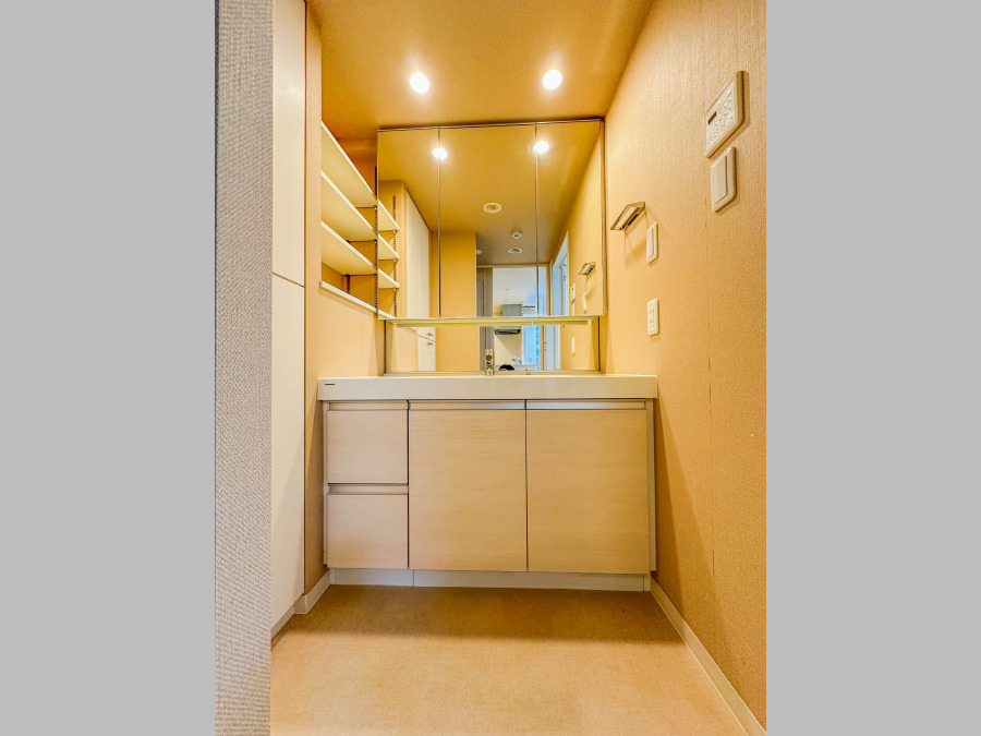 ご家族の1日が始まり、1日の終わりを締めくくる洗面空間。洗濯機を配置しても十分なスペースを確保した設計となっております。