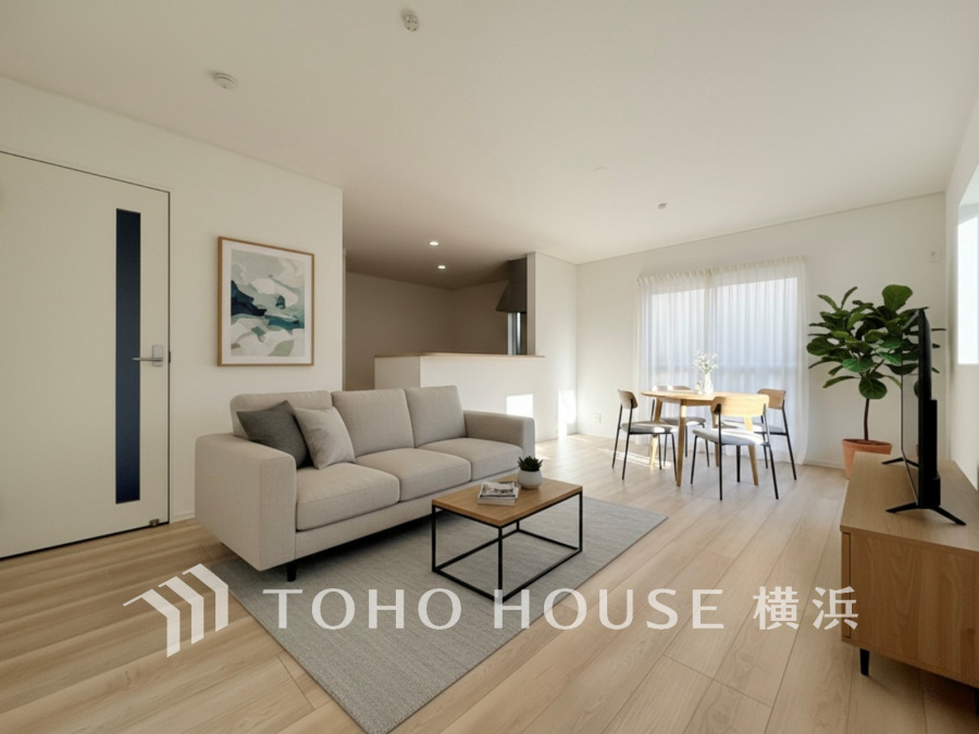 一日の中で多くの時間を過ごすことになる住まいだからこそ、いつも穏やかな空間であるように心掛けています。構成する建材などへの配慮が、住まう方の健康を守ります。（家具はAI加工）