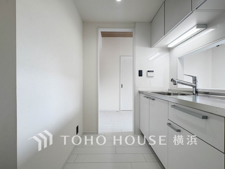 新規交換された清潔感溢れるシステムキッチン。