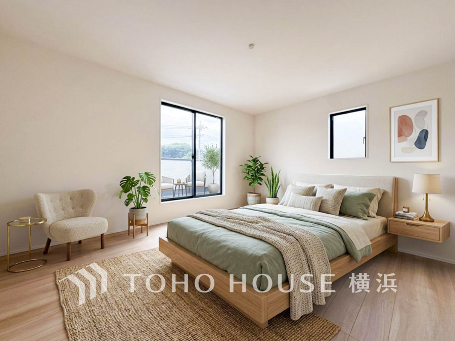 1日の疲れを癒し、心地よく寛げるようゆったりとした広さを確保しています。プライベートタイムをより優雅に穏やかに…。落ち着いた雰囲気を紡ぎます。（装飾品はAI加工です）