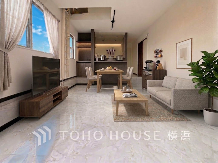 明るく開放的な空間が広がるLDK。室内には豊かな陽光が注ぎ込み、爽やかな住空間を演出。※生成AIによるイメージです。家具・小物は販売価格に含まれません。