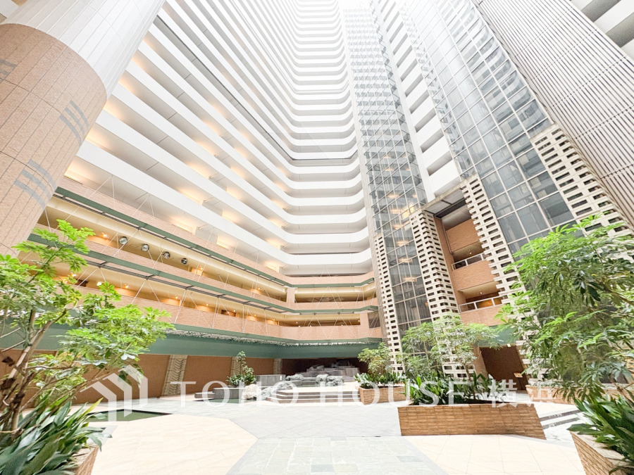 吹抜から入る自然光と、緑、噴水が心地よい空間を演出する中庭。
