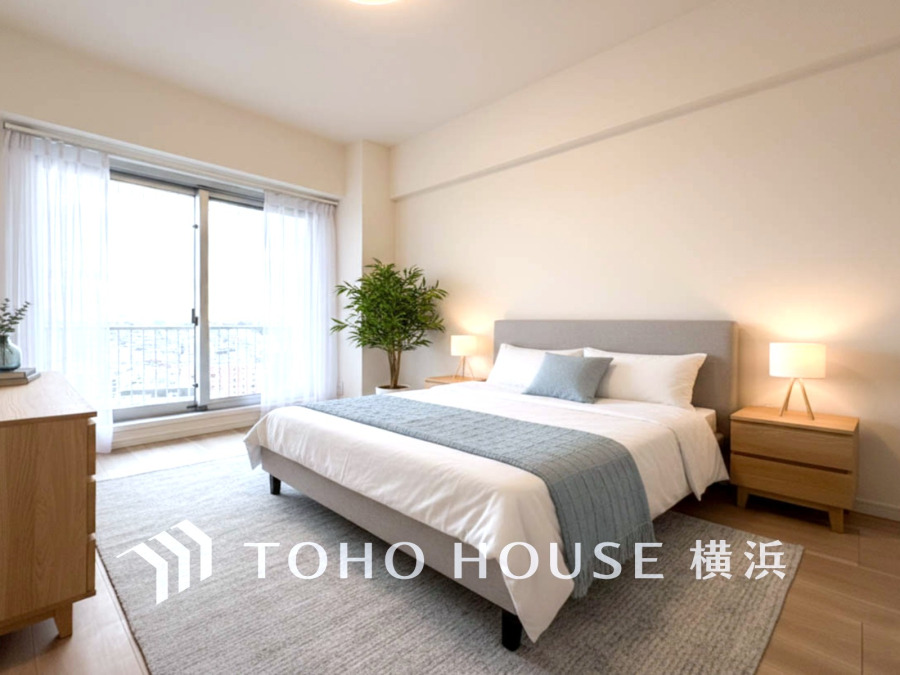 1日の疲れを癒し、心地よく寛げるようゆったりとした広さを確保しています。プライベートタイムをより優雅に穏やかに…。落ち着いた雰囲気を紡ぎます。（家具はAI加工です）