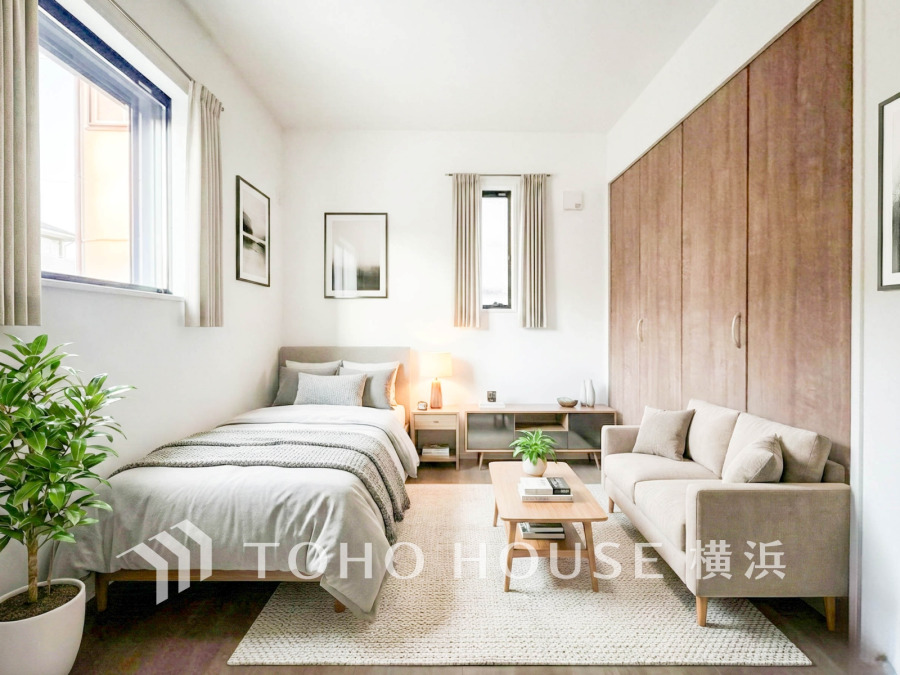 ナチュラルカラーの家具で統一された、明るく開放感のあるシンプルなベッドルーム兼リビング空間です。（家具はAI加工です）