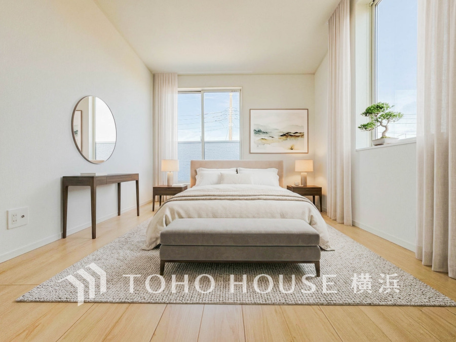 2面採光の居室は、十分な明るさを取り入れ心地よい風を提供します。※生成AIによるイメージです。家具・小物は販売価格に含まれません。
