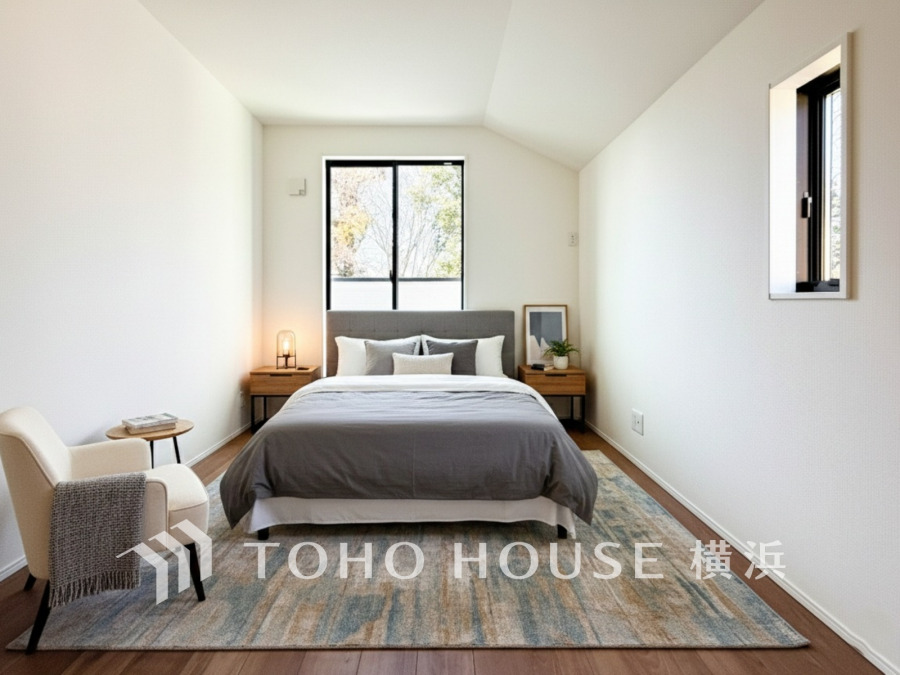 2面採光の居室は、十分な明るさを取り入れ心地よい風を提供します。（家具・装飾品はAI加工です）