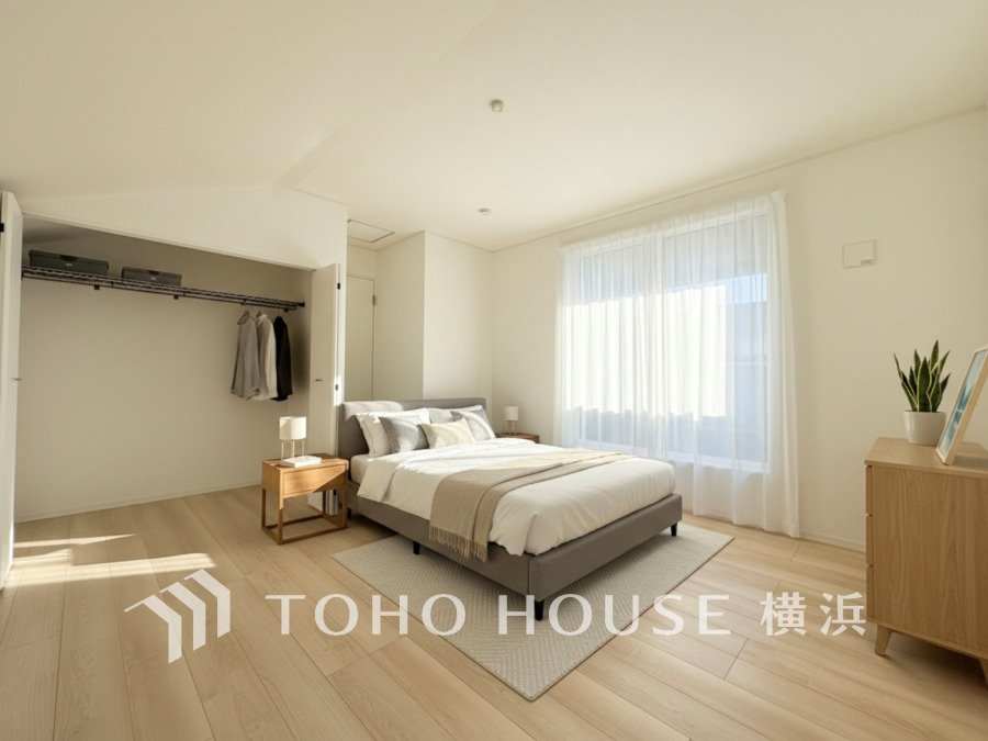 大きな窓からは快適な光を取り入れ、通気性能を上げる事で居心地の良い空間を演出します。多くの時間を過ごす住まいだからこそ、いつも快適な場所であるように心掛けています。（家具はAI加工）