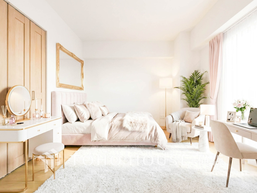 うららかな陽射しがどのお部屋にも降り注ぐ、快適さを追求した間取設計。ゆとりある室内空間。（家具はAI加工です）
