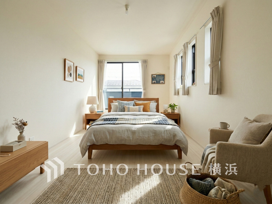 7.5帖のゆとりある洋室は大容量のウォークインクローゼット付き。（家具・装飾品はAI加工です）