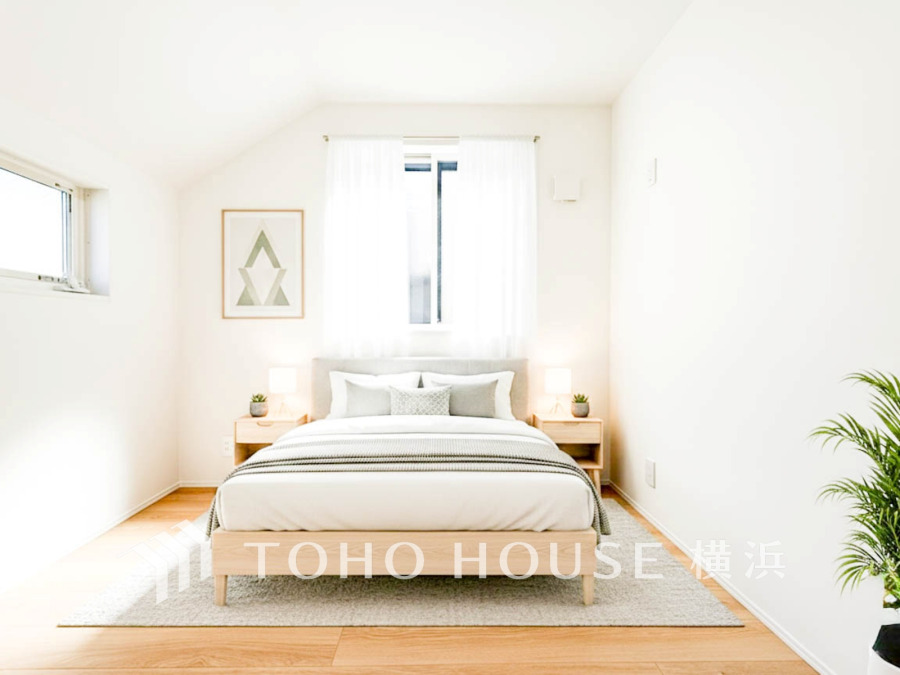 自然光がたっぷり入る明るい書斎。シンプルな家具で落ち着いた空間を演出しています。※生成AIによるイメージです。家具・小物は販売価格に含まれません。