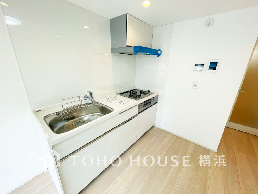 新規交換された清潔感溢れるシステムキッチン。