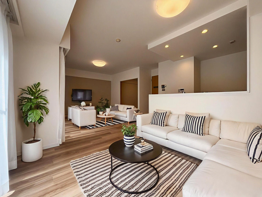 一日の中で多くの時間を過ごすことになる住まいだからこそ、いつも穏やかな空間であるように心掛けています。構成する建材などへの配慮が、住まう方の健康を守ります。（AI家具設置）