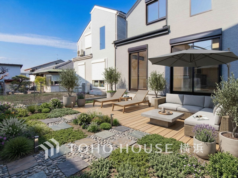 綺麗にデザインされたお洒落なお庭スペース。広さもあるのでお子様が遊んだり、ペットと戯れたりと楽しい時間を過ごせます。※生成AIによるイメージです。植栽・ライト・小物類は販売価格に含まれません。