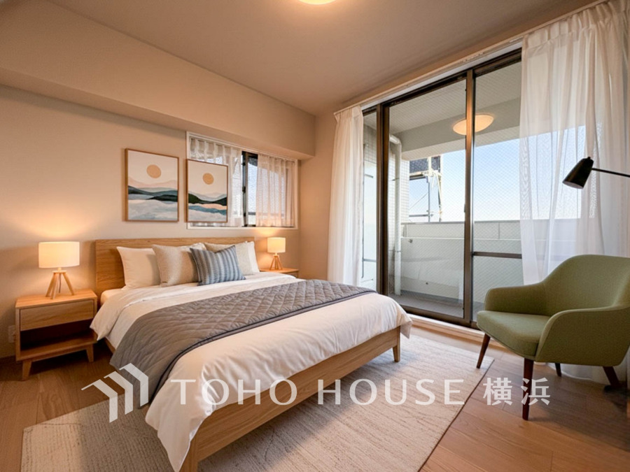 大きな窓からたっぷりと陽光が注がれる明るい空間。家族の成長に対応できる永住仕様の間取り。時を忘れて過ごす場所として過ごせるお部屋。（家具はAI加工です）