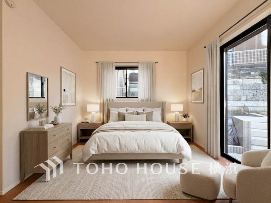 大きな窓からは快適な光を取り入れ、通気性能を上げる事で居心地の良い空間を演出します。多くの時間を過ごす住まいだからこそ、いつも快適な場所であるように心掛けています。（装飾品はAI加工です）