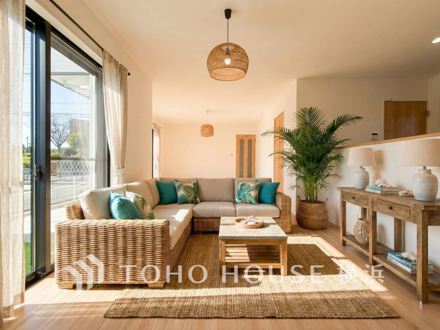 自然光が差し込む広々としたリビング。ナチュラル素材の家具で落ち着いた温かみのある空間です。（家具はAI加工です）