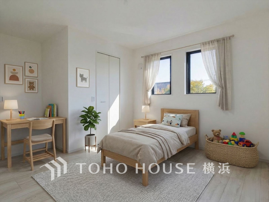 自然光が差し込む明るい子ども部屋。シンプルで温かみのある木製家具が心地よい空間を演出します。（装飾品はAI家具です）