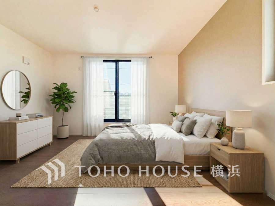 1日の疲れを癒し、心地よく寛げるようゆったりとした広さを確保しています。プライベートタイムをより優雅に穏やかに…。落ち着いた雰囲気を紡ぎます。（家具はAI加工です）