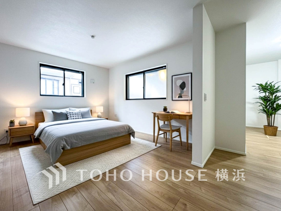 穏やかな寛ぎを届ける上質仕様のゆとりある主寝室。自分時間を充実させながら心豊かなひとときを過ごすための大切な空間。※家具・家電等はAI加工によるイメージです。