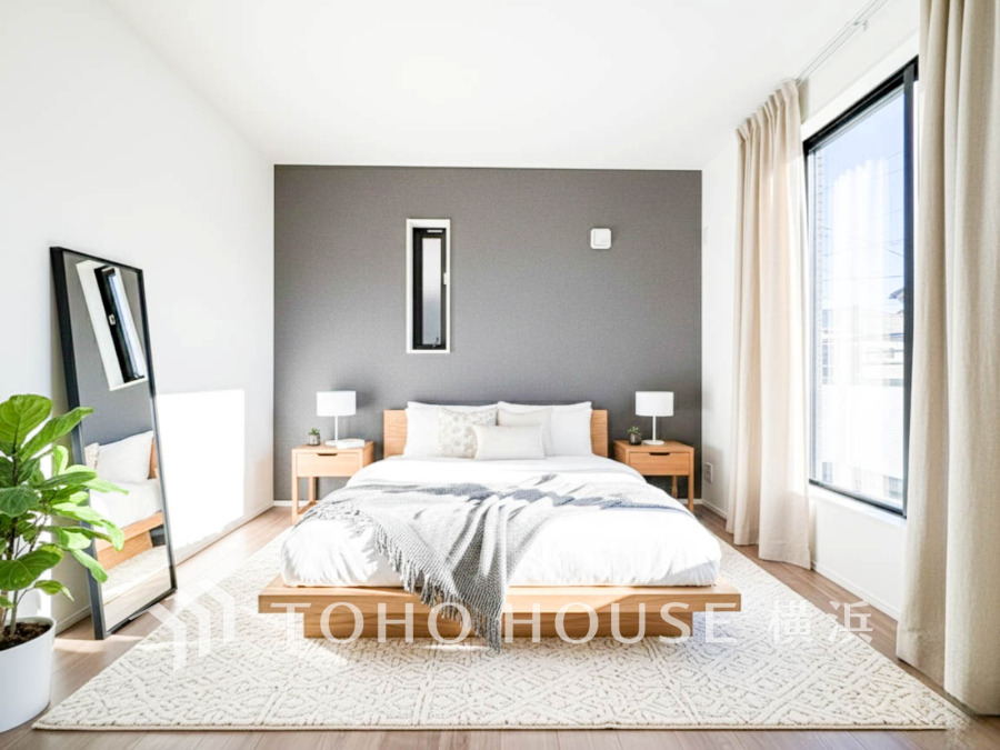 1日の疲れを癒し、心地よく寛げるようゆったりとした広さを確保しています。プライベートタイムをより優雅に穏やかに…。落ち着いた雰囲気を紡ぎます。（装飾品はAI加工です）