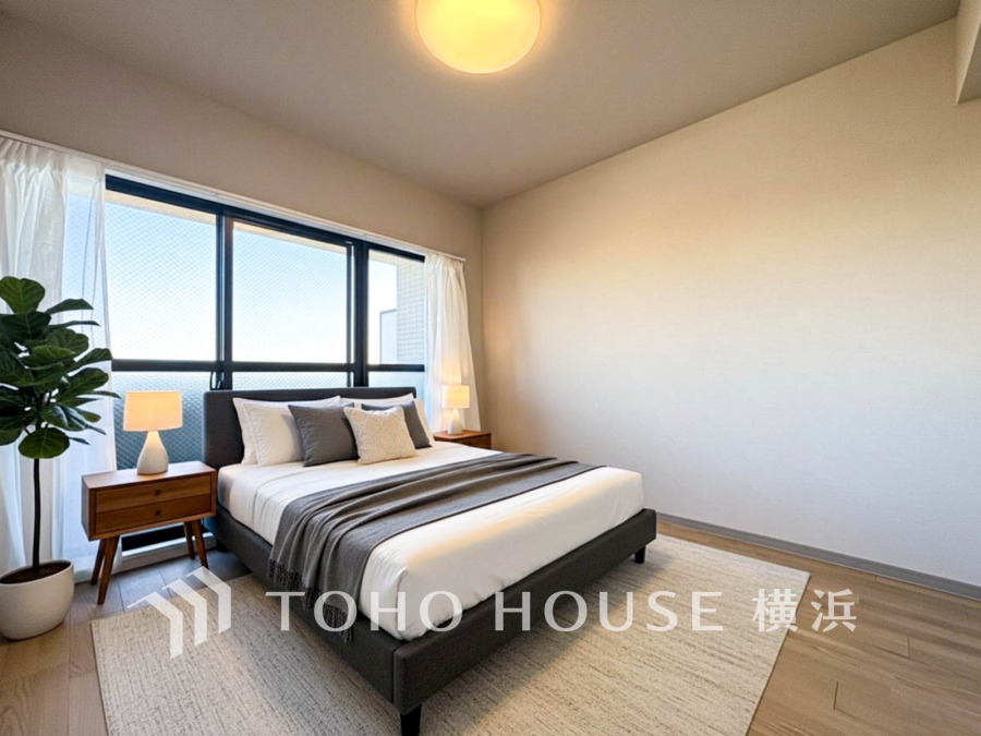 1日の疲れを癒し、心地よく寛げるようゆったりとした広さを確保しています。プライベートタイムをより優雅に穏やかに…。落ち着いた雰囲気を紡ぎます。（家具・装飾品はAI加工です）