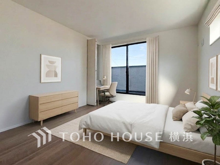 過ぎ行く時間をゆったりと感じることができる落ちついたプライベートルーム。リビングで楽しく過ごした後はゆっくり寛ぎの時間を満喫できます。（家具・装飾品はAI加工です）