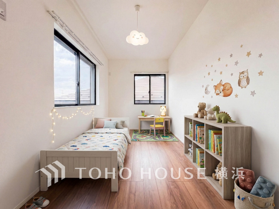 自然光がたっぷり入る明るい子供部屋。シンプルながら遊び心あふれるインテリアで快適な空間を実現。（装飾品はAI加工です）