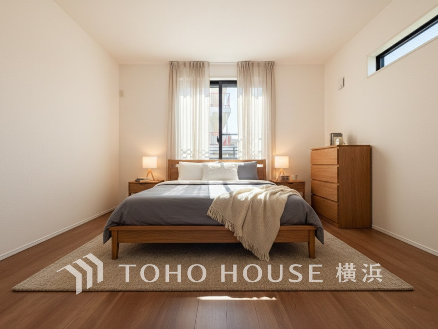 8.7帖のゆとりある洋室には大型のウォークインクローゼットも完備。（家具・装飾品はAI加工です）