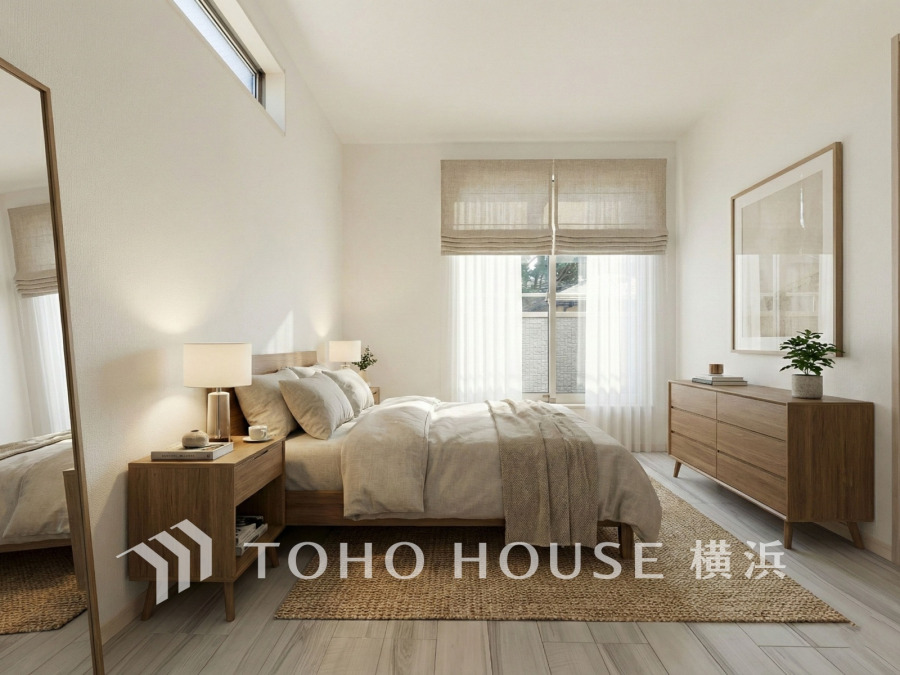 自然光がたっぷり入る、落ち着いた色合いのナチュラルモダンな寝室。ゆったりとした安らぎの空間です。（家具・装飾品はAI加工です）