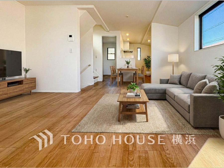 室内には豊かな陽光が注ぎ込み、爽やかな住空間を演出。ホームパーティーでもゲストと一緒に料理を楽しみながら楽しい時間を過ごせそう（家具・家電・装飾品はAI画像です）