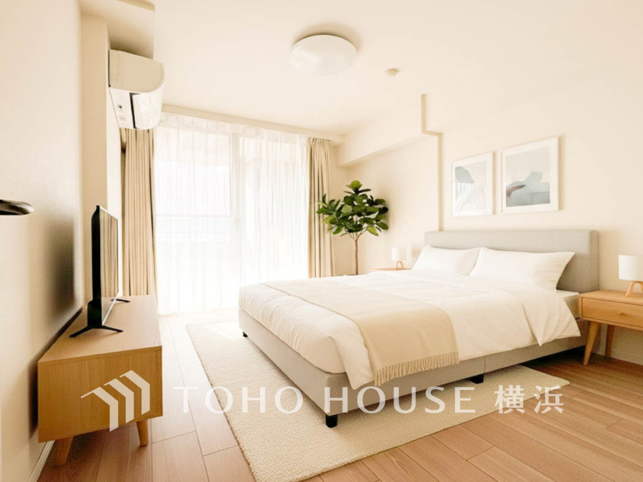 大きな窓からは快適な光を取り入れ、通気性能を上げる事で居心地の良い空間を演出します。多くの時間を過ごす住まいだからこそ、いつも快適な場所であるように心掛けています。（家具はAI加工です）