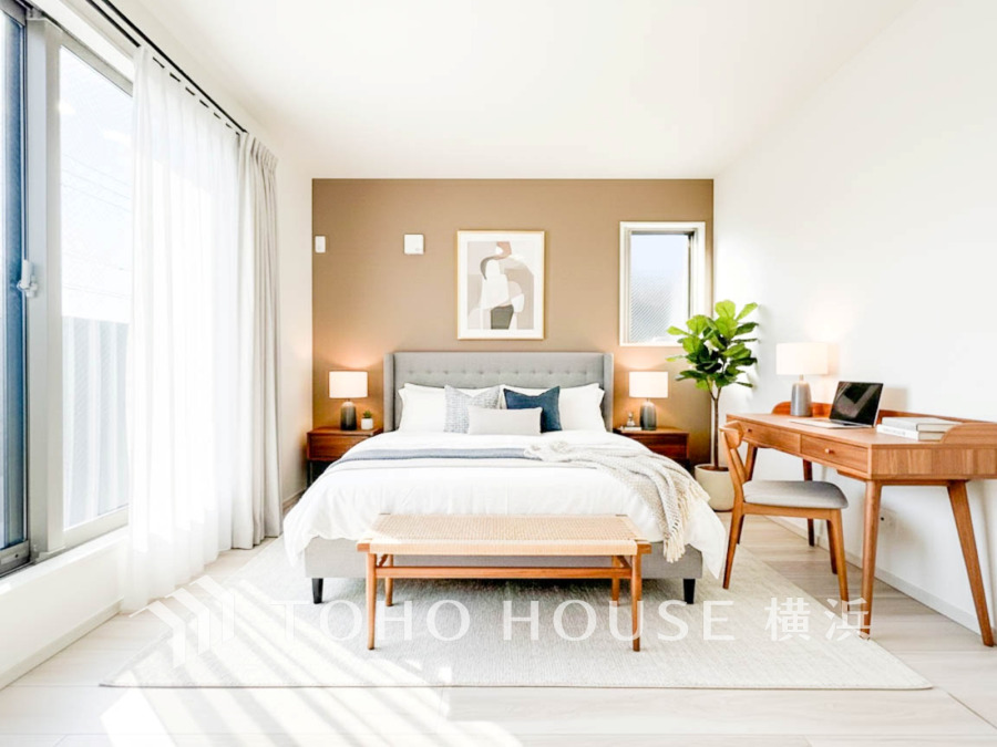 穏やかな寛ぎを届ける上質仕様のゆとりあるお部屋。自分時間を充実させながら心豊かにできるプライベート空間。（家具はAI加工です）