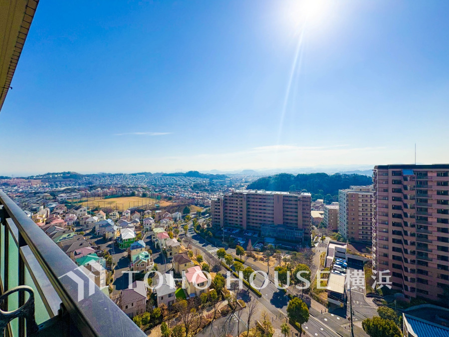 陽光あふれる高層階からの開放的な眺望。緑豊かな街並みと遠くまで広がる景色が魅力です。
