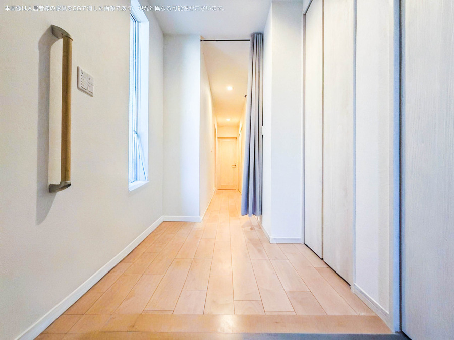 お客様をお迎えする玄関は落ち着いた雰囲気。帰り着くたびに洗練されたテイストの空間に迎えられ誇りと喜びを感じる玄関まわりです。（AI加工により家具を消去済み）