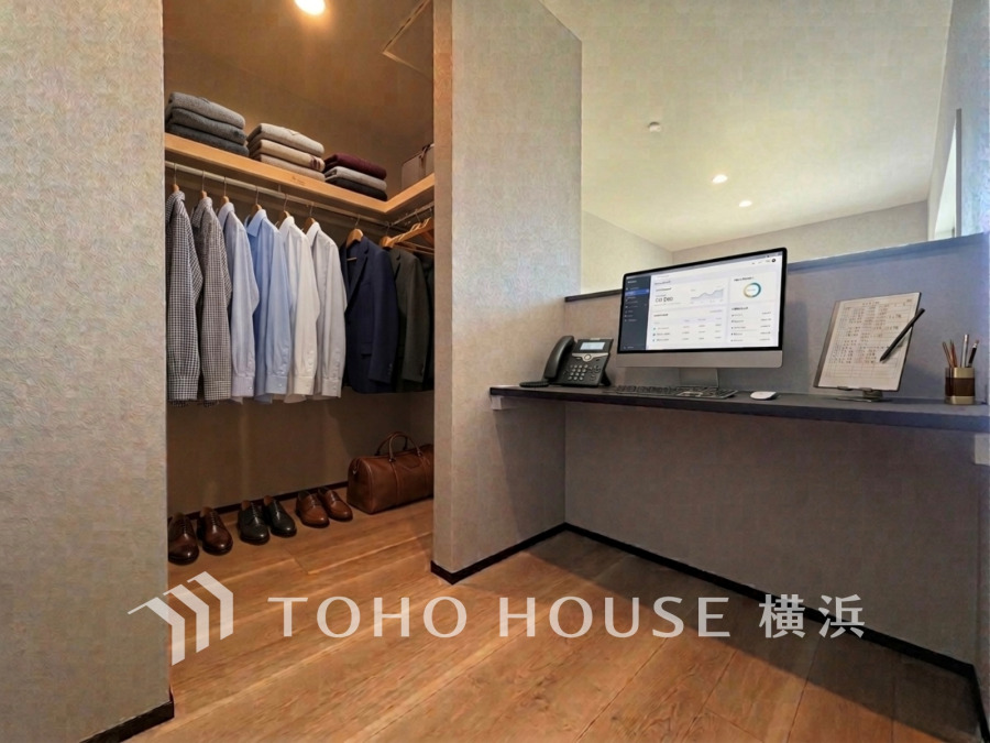 随所に配置されたバリエーション豊かな収納。また、カウンターデスク付き書斎スペースはお仕事や趣味のスペースとして。※生成AIによるイメージです。家具・小物は販売価格に含まれません。
