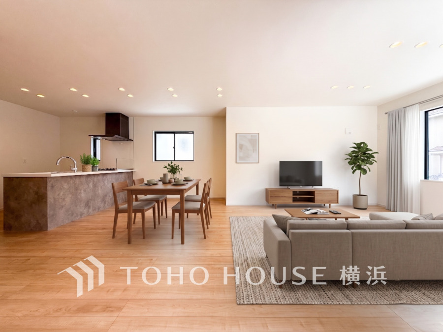家族との何気ない日常を上質に。時を忘れるほど心地よく、ゲストも温かく迎え入れる快適なリビング。※生成AIによるイメージです。家具・小物は販売価格に含まれません。