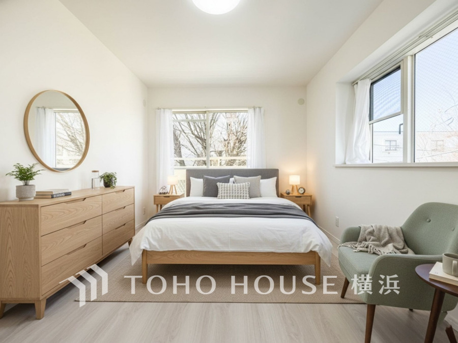 自然光がたっぷり入る明るい洋室。自分時間を充実させながら心豊かなひとときを過ごすための大切な空間です。（家具・装飾品はAI加工です）
