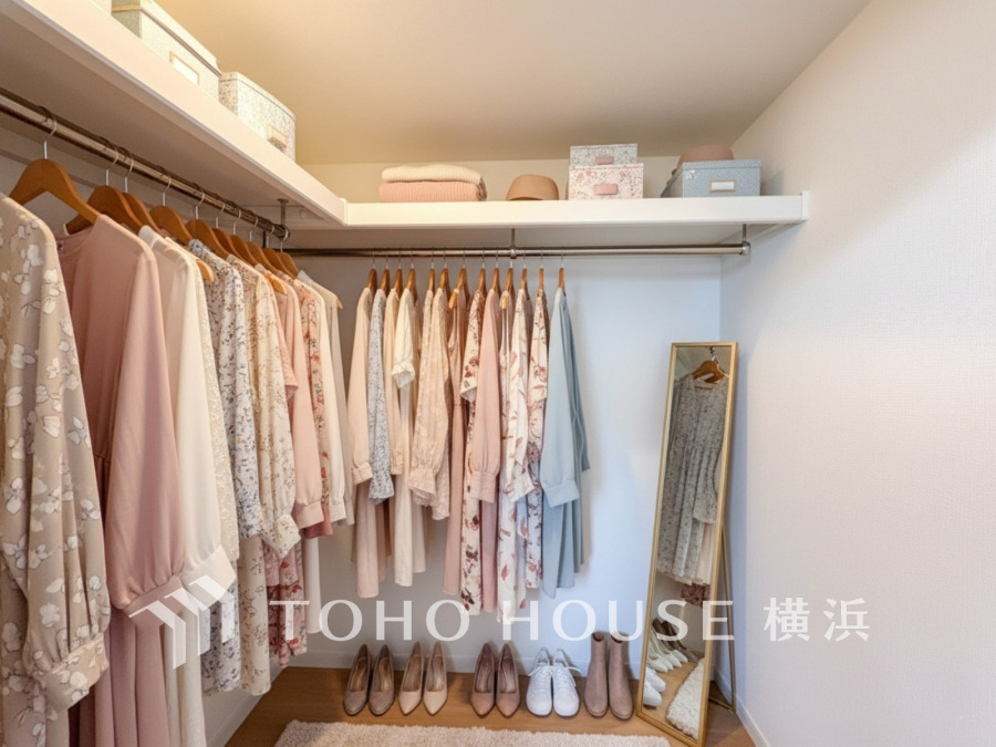 ひと目で収納物を確認できるウォークインクロゼットは、ゆとりの広さを備えた大型収納。数多くの衣類に加え、足元には引出しや衣装箱、シューズボックスなども収納することができます。（家具はCGです）